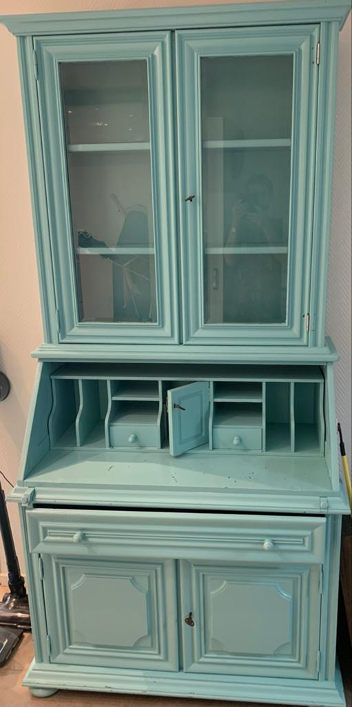 Vintage secretaire met vitrinekast - Turquoise, Ophalen