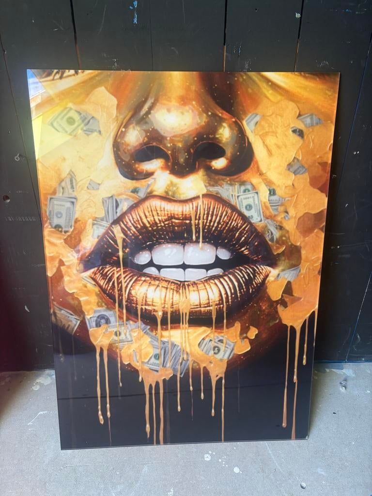 Plexiglas Schilderij Gouden Lippen 50x70 cm, Ophalen, Nieuw, Schilderij
