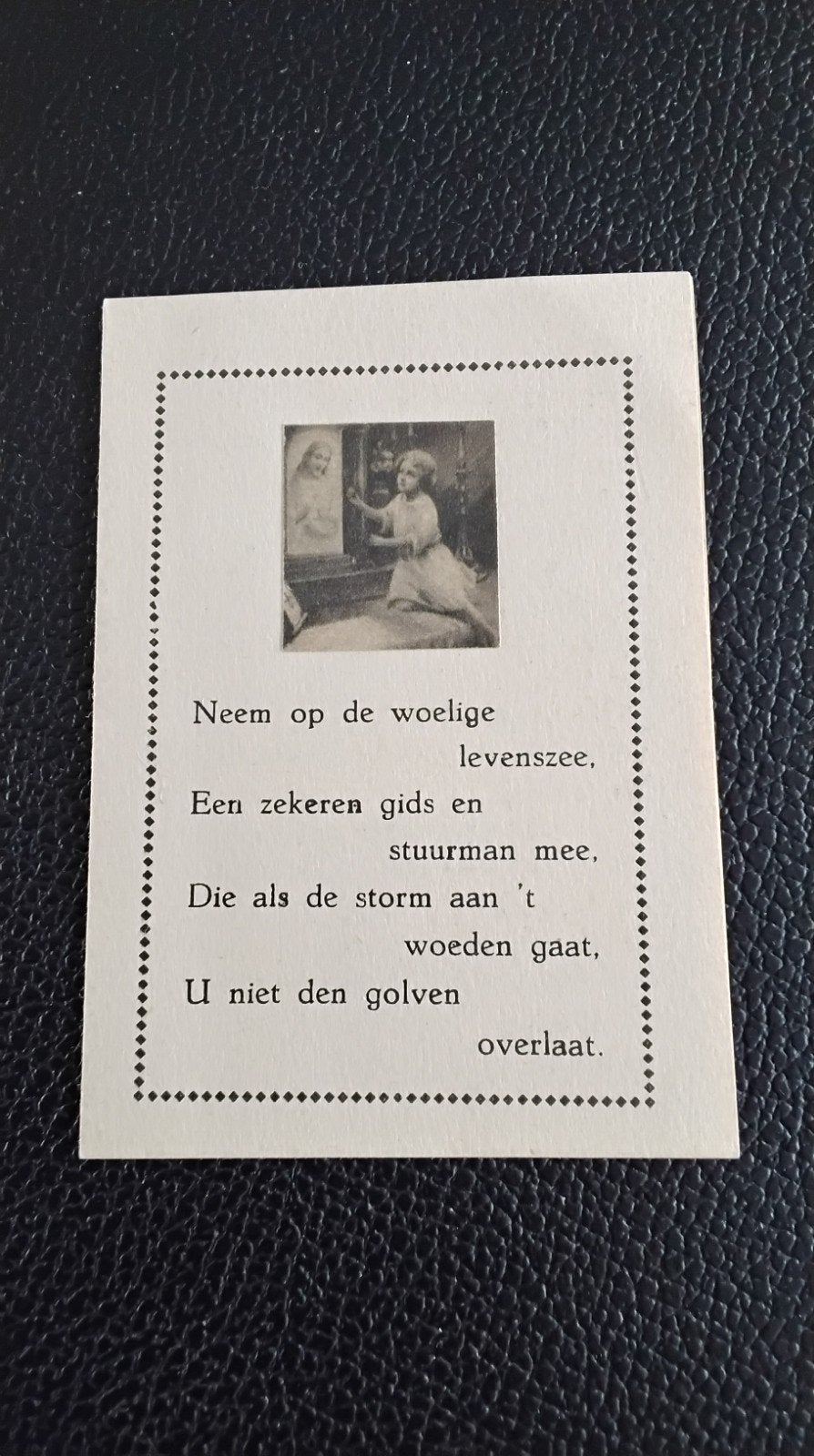 Oude bidprentje met religieuze tekst en afbeelding, Verzamelen, Ophalen of Verzenden, Gebruikt, Kaart of Prent, Christendom | Katholiek