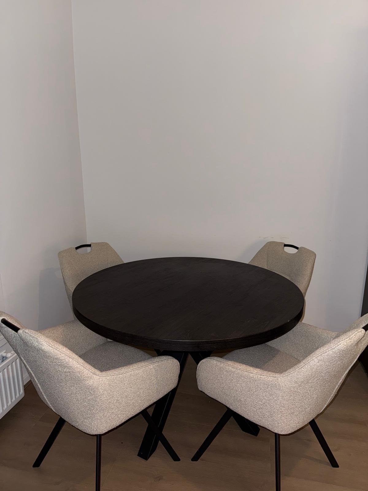 Elegante ronde eettafel met 4 comfortabele stoelen, Ophalen, Gebruikt, 100 tot 150 cm, Rond