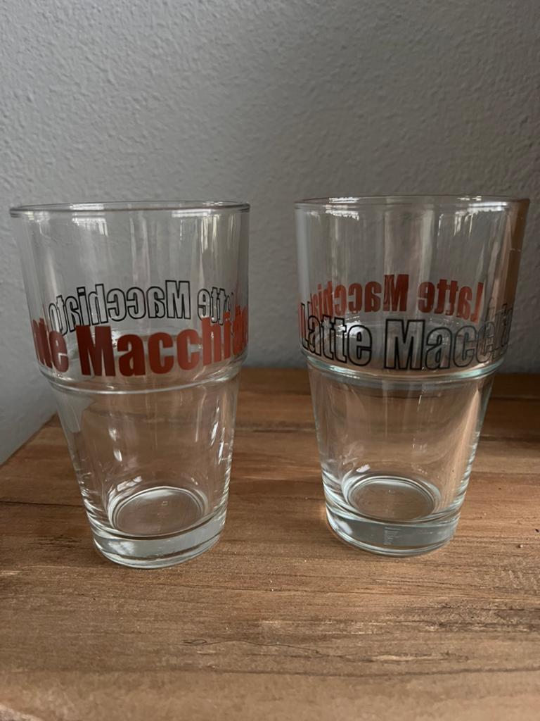 Latte Macchiato glazen met tekst 350ml, Ophalen, Glas, Overige stijlen, Glas of Glazen