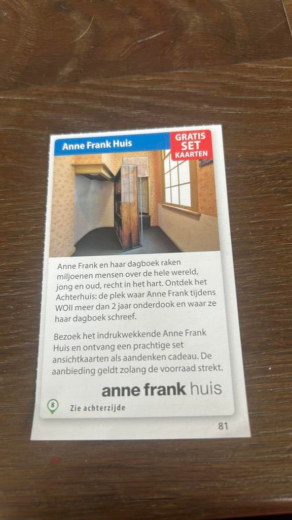 Gratis set kaarten bij anne frank huis, Tickets en Kaartjes, Eén persoon, Kortingsbon