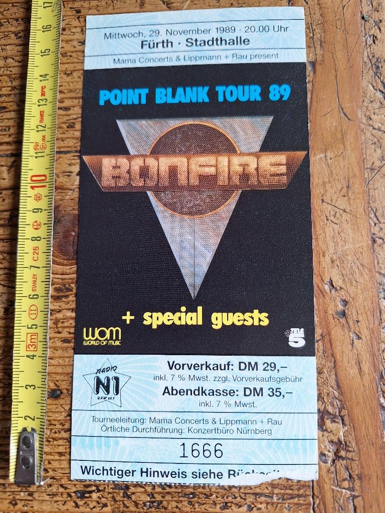 BONFIRE ticket-duitsland-1989- Heavy Metal, Ophalen of Verzenden, Zo goed als nieuw, Foto of Kaart