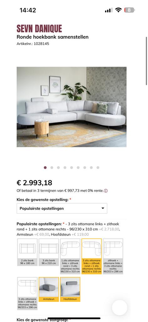ZGAN SEVN Danique Organische Hoekbank - Grijs - 315 x 230, Huis en Inrichting, -, 300 cm of meer, Ophalen of Verzenden, Zo goed als nieuw