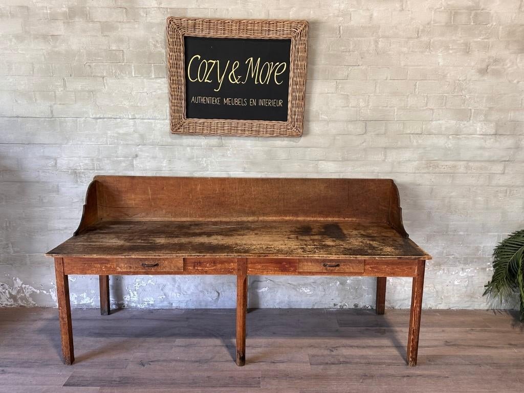 Antieke werktafel met 2 lades - 240 x 84 cm + 78 cm hoog, Ophalen of Verzenden