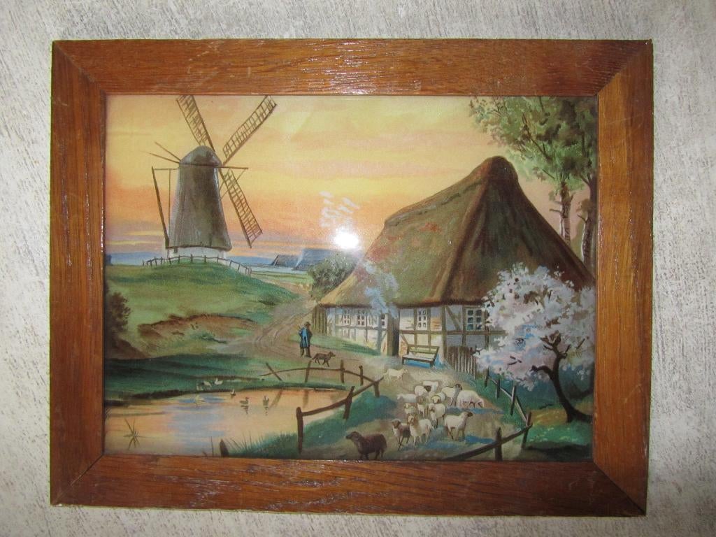 Vintage schilderijtje met bol glas, Ophalen of Verzenden