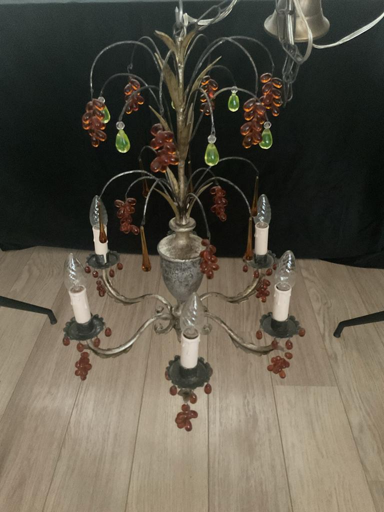Kroonluchter met Glazen Druiven, druppels en uranium parels, Antiek en Kunst, Ophalen