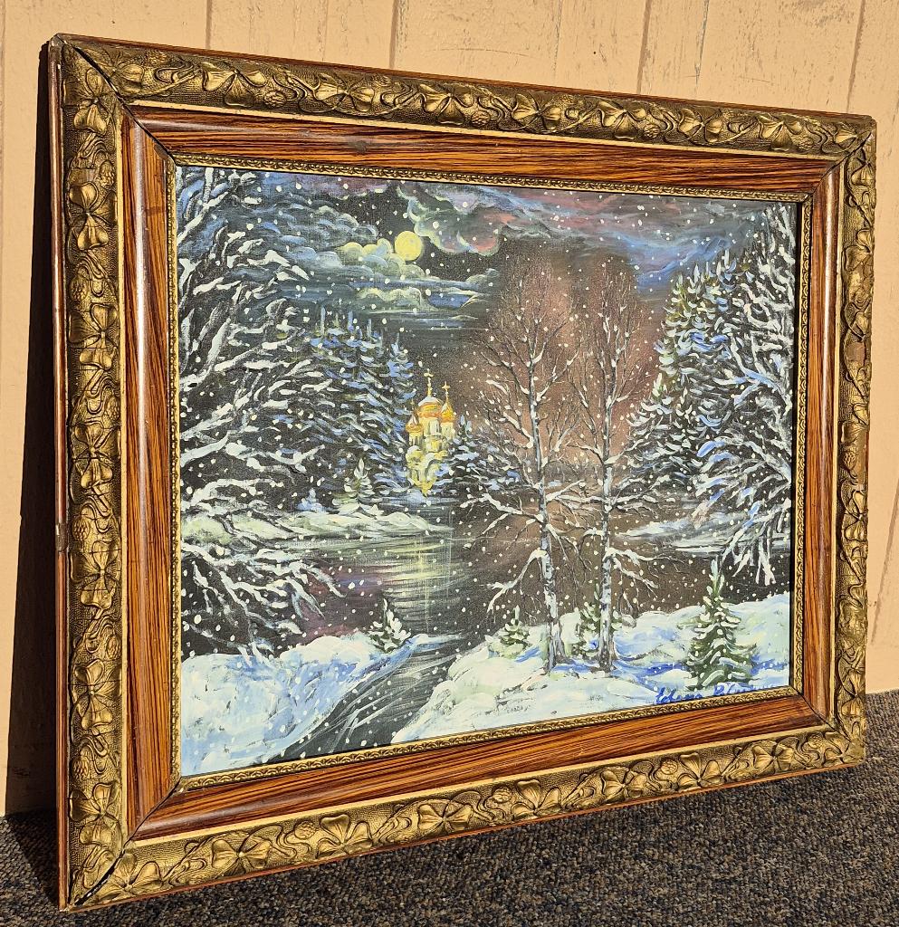Handgeschilderd winterlandschap gouden lijst – Oost-Europees, Antiek en Kunst, Kunst | Schilderijen | Klassiek, Ophalen of Verzenden