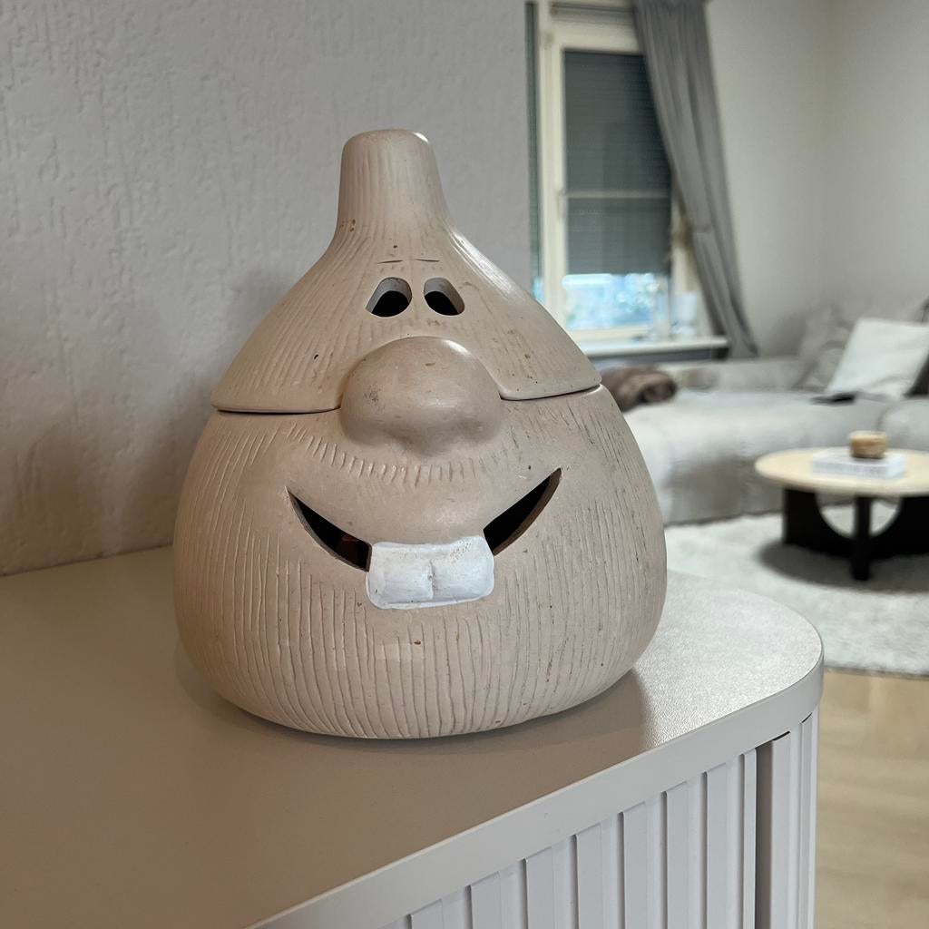 Knoflook pot/ uienpot terracotta blij gezicht, Antiek en Kunst, Ophalen of Verzenden