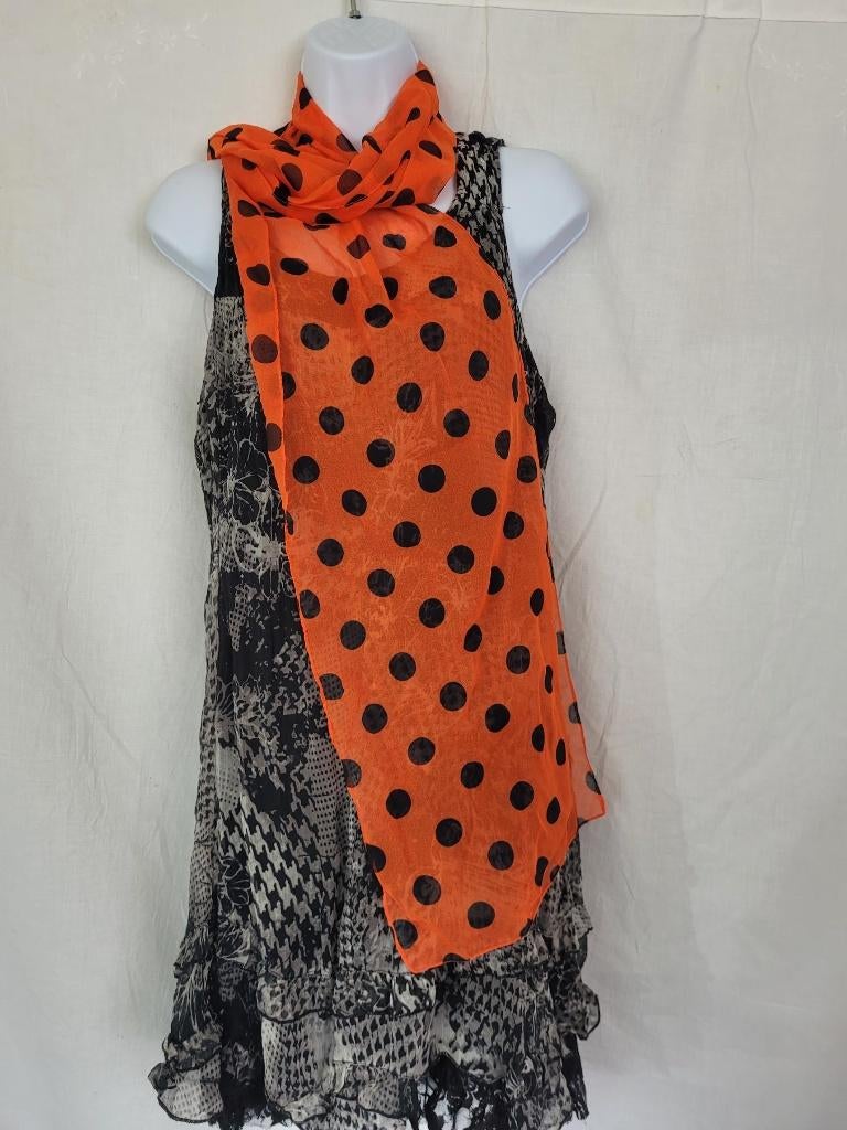 Grappige doorschijnende oranje sjaal, zwarte stippen 58x27, Maat 38/40 (M), ., Ophalen of Verzenden, Zo goed als nieuw