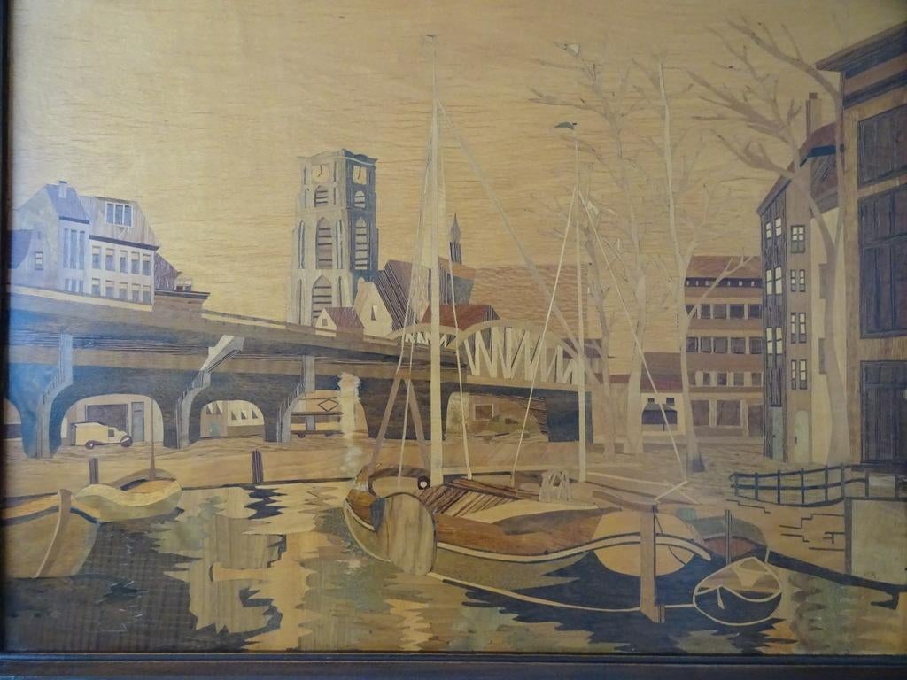 Ingelegd hout schilderij Rotterdam 78x63cm Intarsia 1948, Ophalen of Verzenden