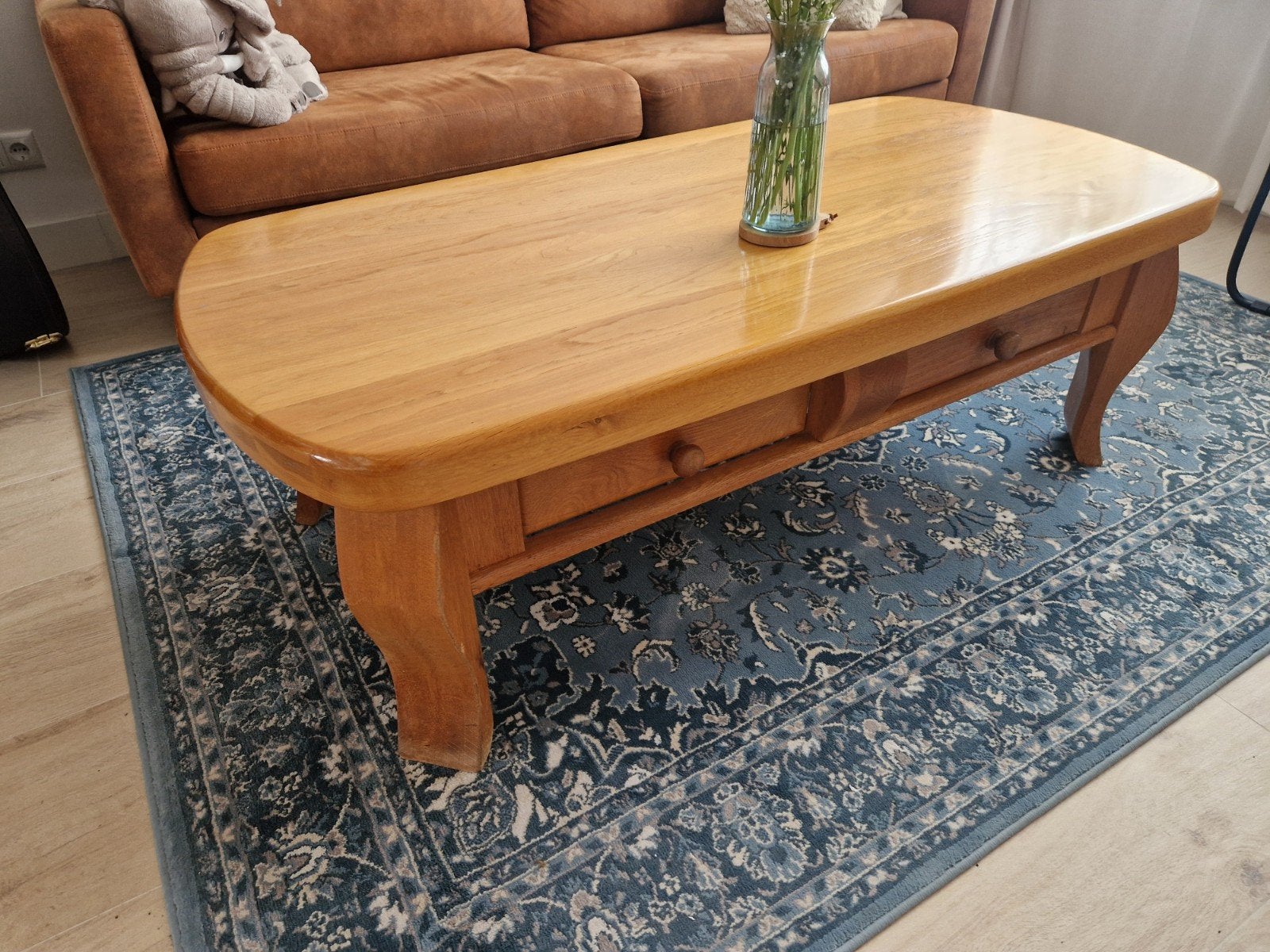 Massieve eikenhouten salontafel met lade, Ophalen, Gebruikt, 100 tot 150 cm, Eikenhout