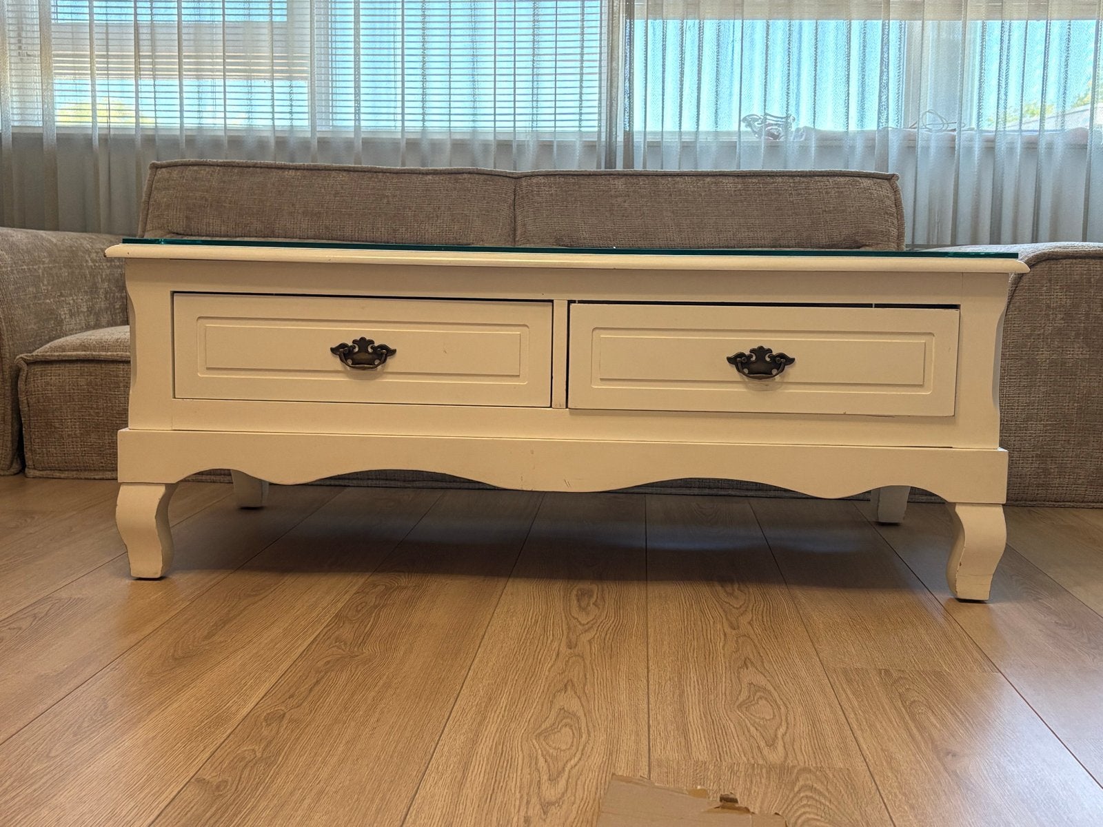 Witte salontafel en tv-meubel set met lades, Ophalen, Gebruikt, 100 tot 150 cm, 50 tot 100 cm