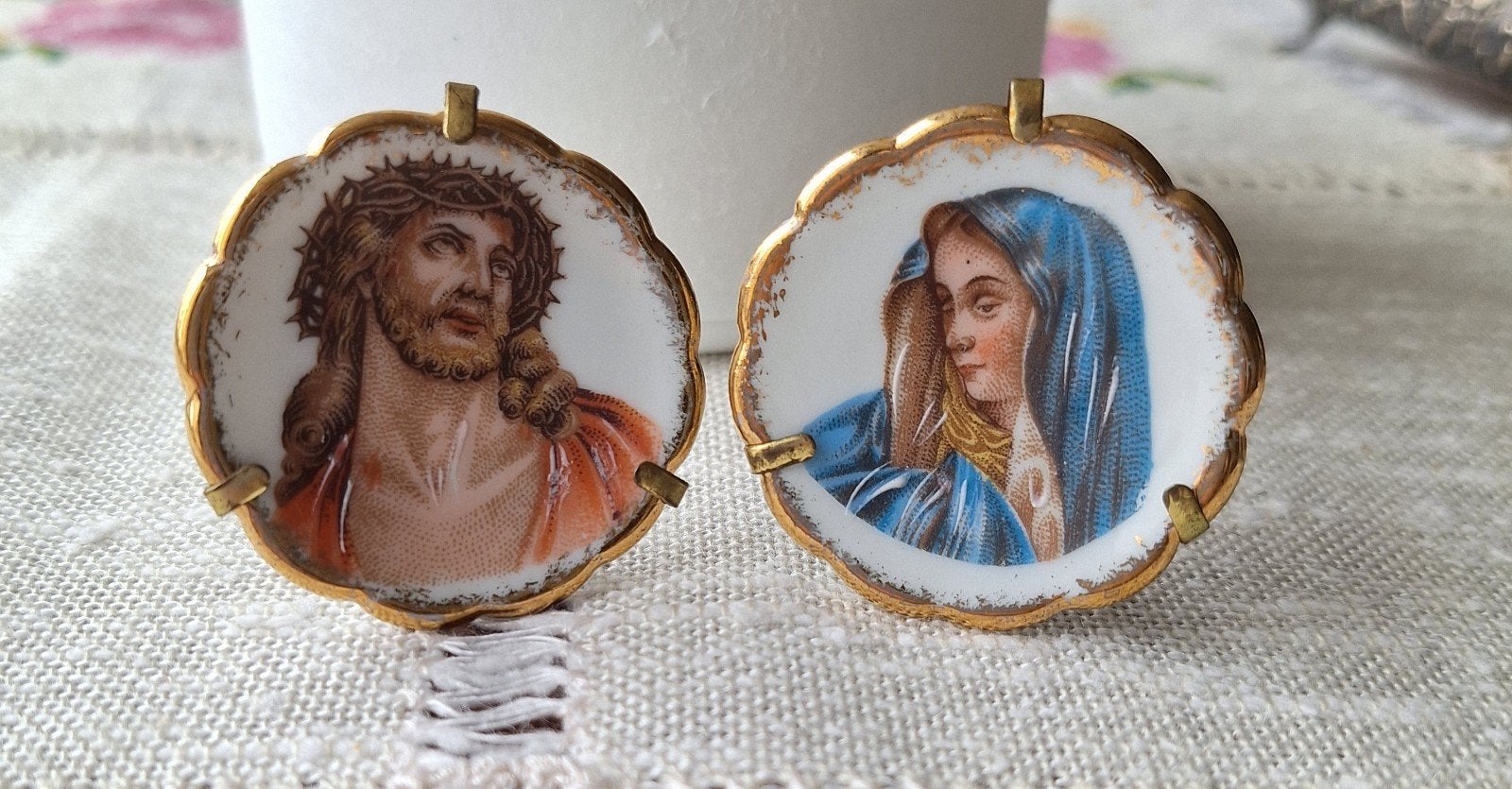 Antieke porseleinen miniaturen Jezus en Maria, Limoges, Ophalen of Verzenden