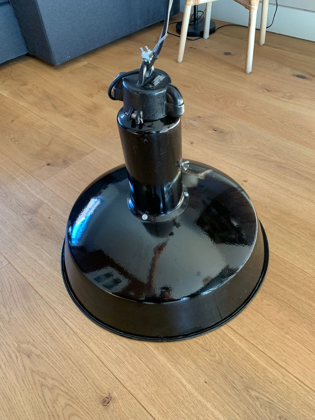 Industriële Bauhaus Hanglamp - Zwart Emaille, Ophalen, Gebruikt, Metaal, E27 (groot)