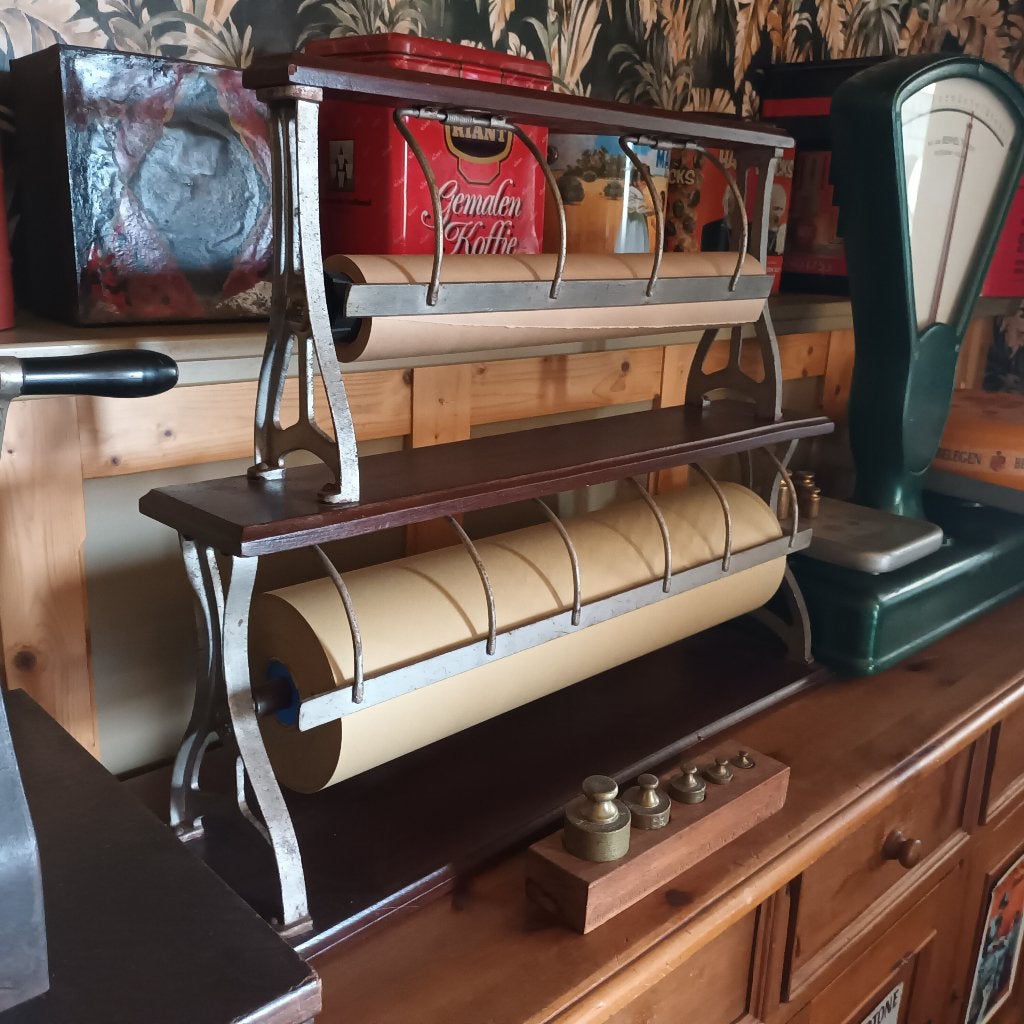 Antieke winkel papierrolhouder hout en gietijzer 2 laags, Ophalen of Verzenden
