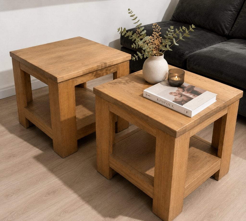 Set van 2 massief eiken bijzettafels, Huis en Inrichting, Ophalen, Minder dan 45 cm, Minder dan 55 cm, Gebruikt