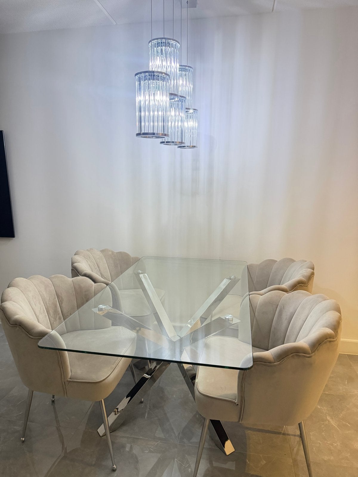 Elegante glazen eettafel met 4 luxe stoelen, Ophalen, 100 tot 150 cm, 150 tot 200 cm, Vier personen
