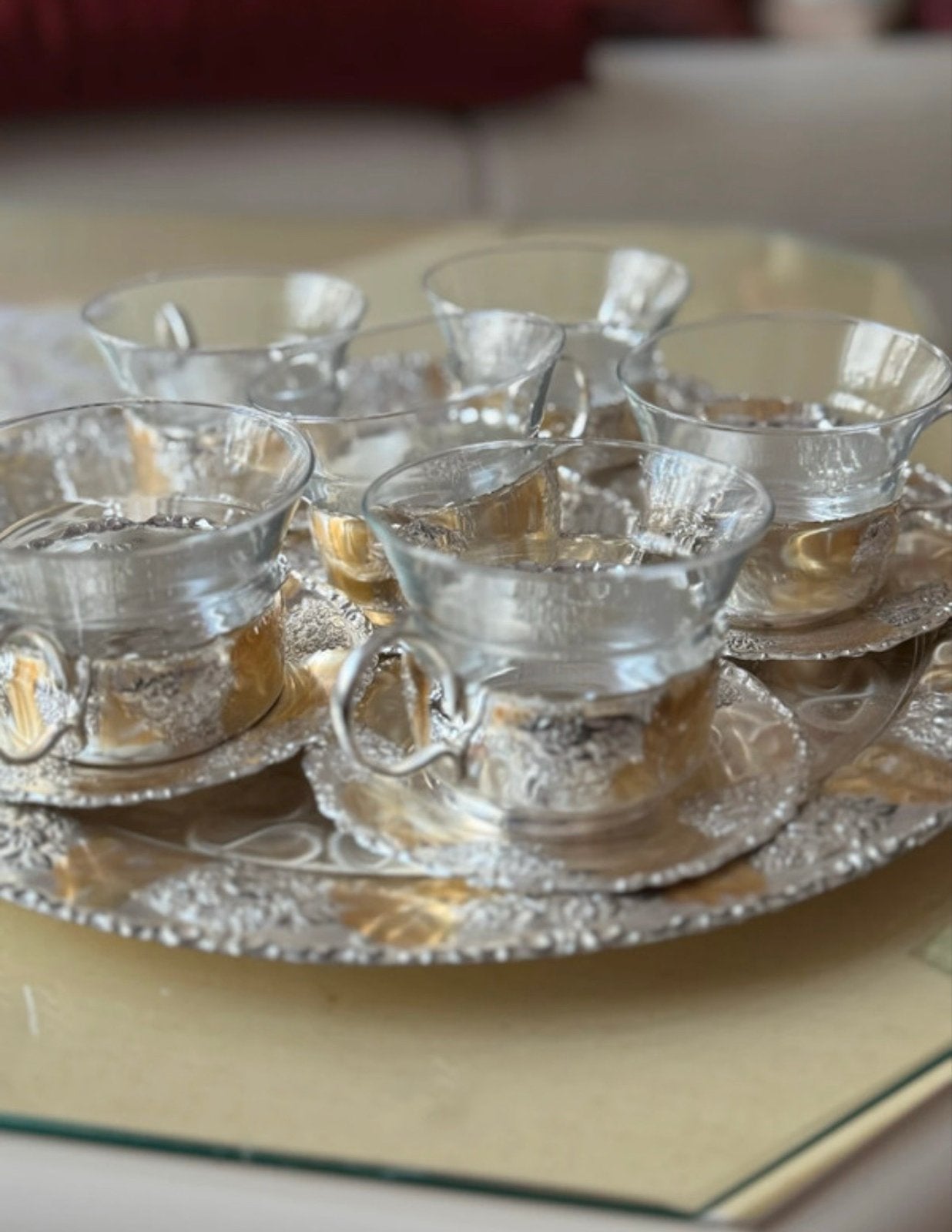 Set van 6 theeglazen met zilveren houders en dienblad, Ophalen of Verzenden