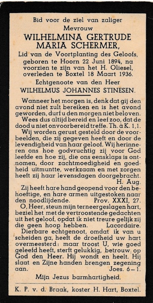 Schermer Wilhelmina 1894 Hoorn 1936 Boxtel, Verzamelen, Bidprentjes en Rouwkaarten, Ophalen of Verzenden, Bidprentje