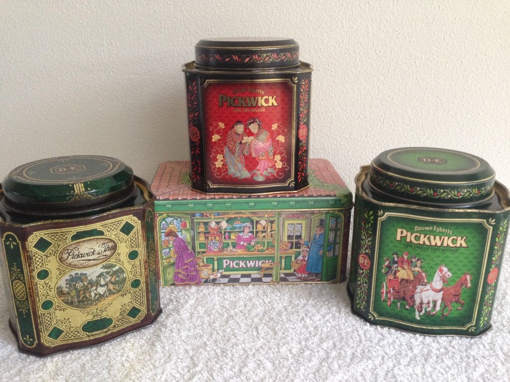 🫖4 Vintage PICKWICK D.E Thee Blikken., Verzamelen, Blikken, Verzenden, Gebruikt, Thee, Pickwick
