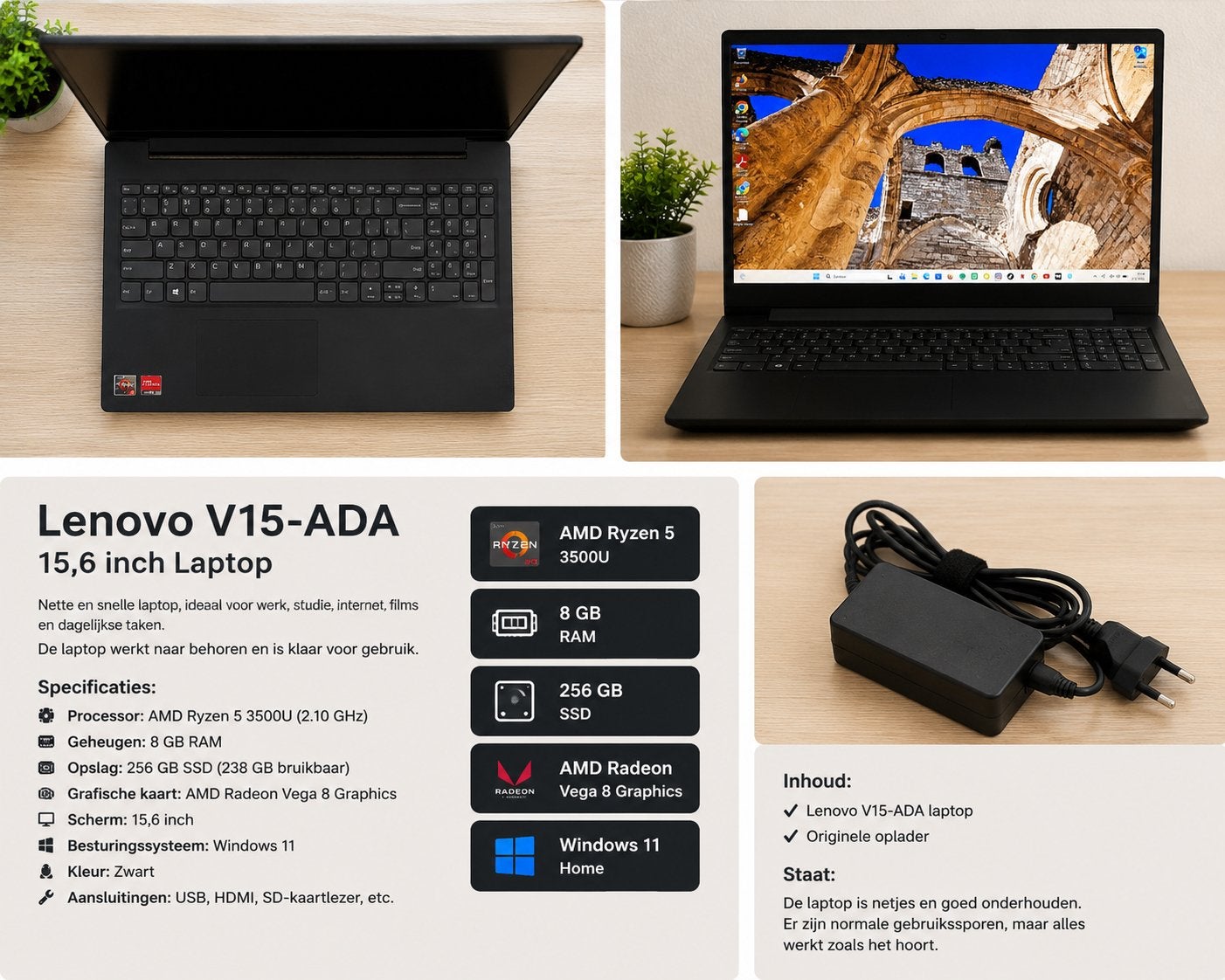 Lenovo V15-ADA Ryzen 5 8GB RAM 256GB SSD Windows11 + Oplader, Ophalen, 2 tot 3 Ghz, 15 inch, Zo goed als nieuw