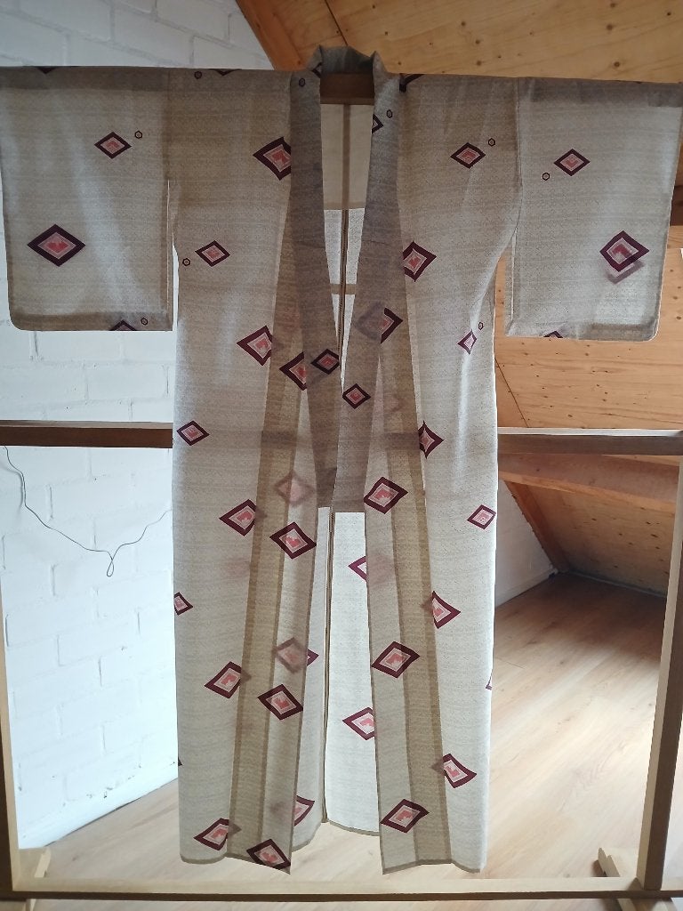 Traditionele Japanse Kimono hitoe white hishi, Ophalen of Verzenden