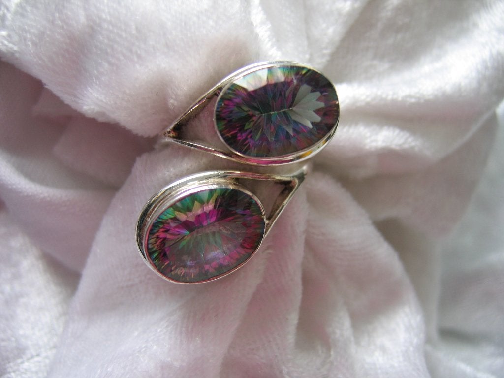 Prachtige Aparte Lange Zilveren Ring met Mystic Topaas, Verzenden, Zilver, Ring, Met edelsteen
