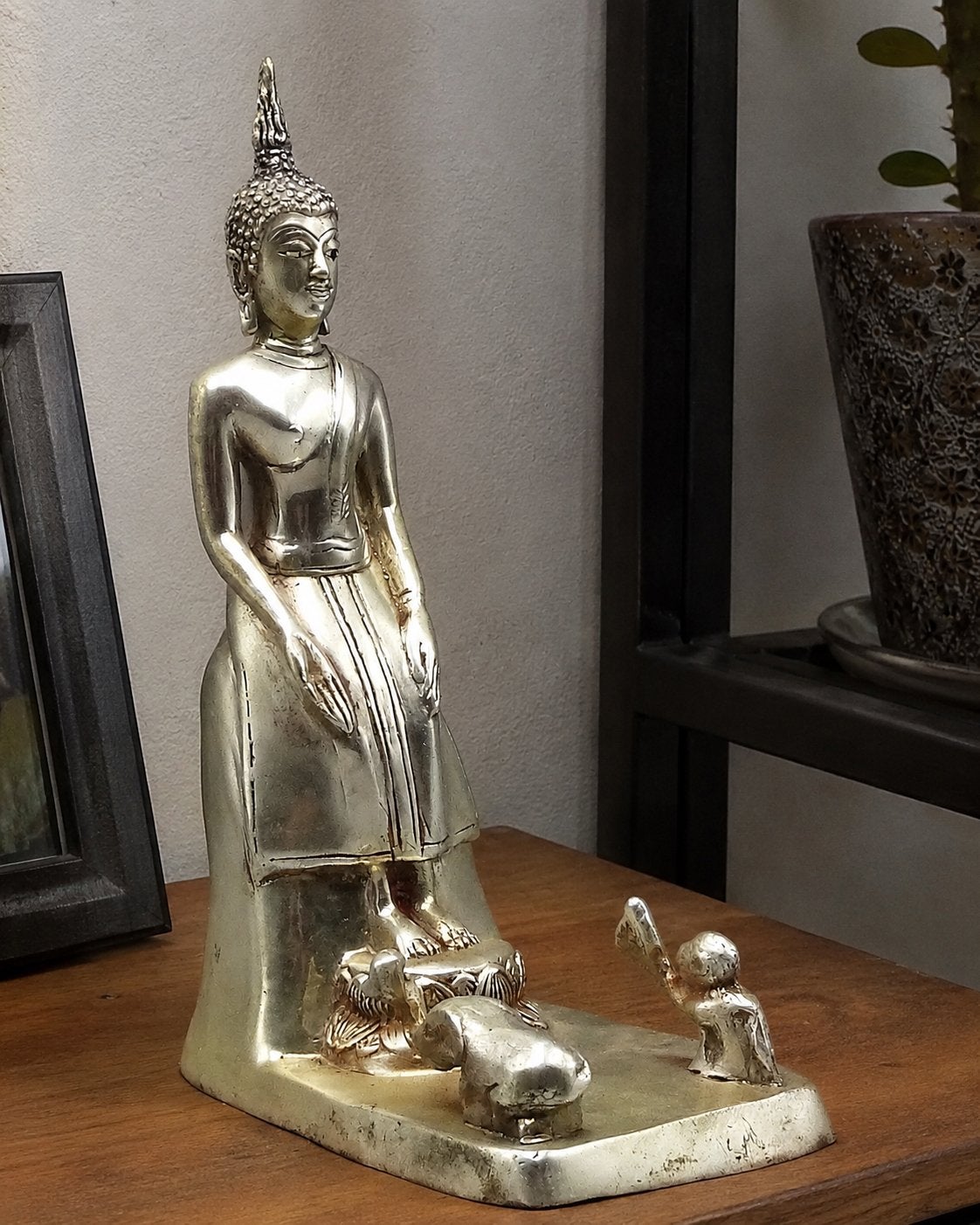 Verzilverde bronzen Boeddha met aap en olifant, Ophalen of Verzenden, Zo goed als nieuw
