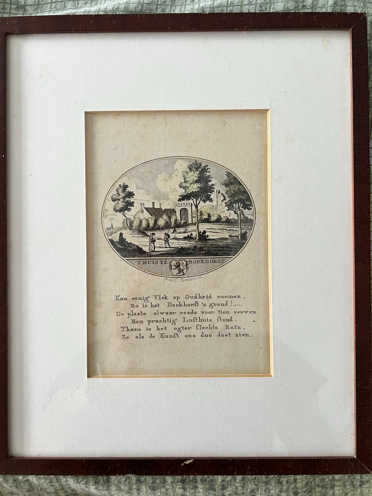 Antieke prent 'T Huis te Borkhorst' met gedicht, Ophalen of Verzenden, Klassiek, Print, Ingelijst