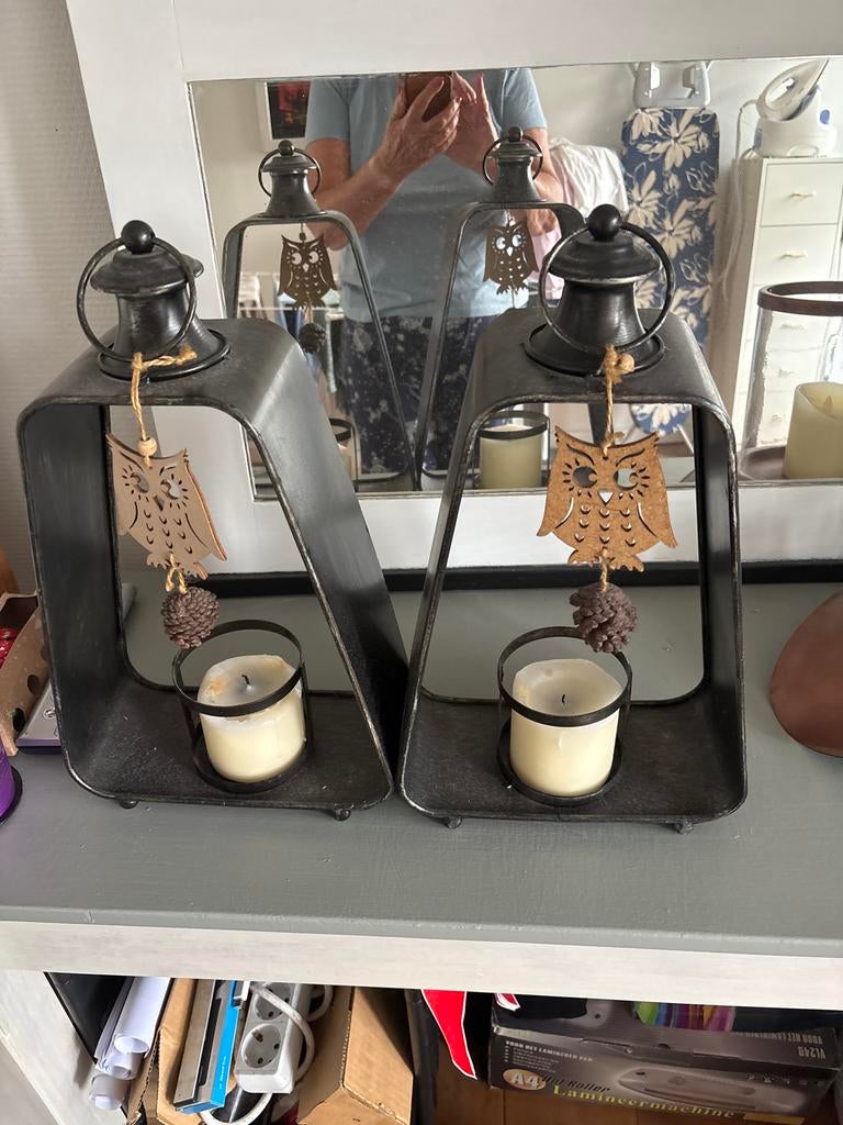 Set van 2 metalen lantaarns met uil decoratie, Huis en Inrichting, Ophalen, Gebruikt, Zwart, Metaal