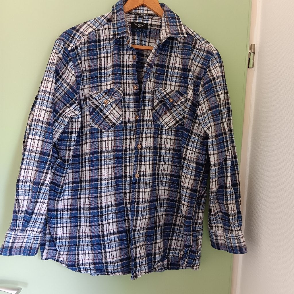 Heren flanellen overhemd - Geruit blauw/wit/zwart, Onbekend, Blauw, Ophalen of Verzenden, Zo goed als nieuw