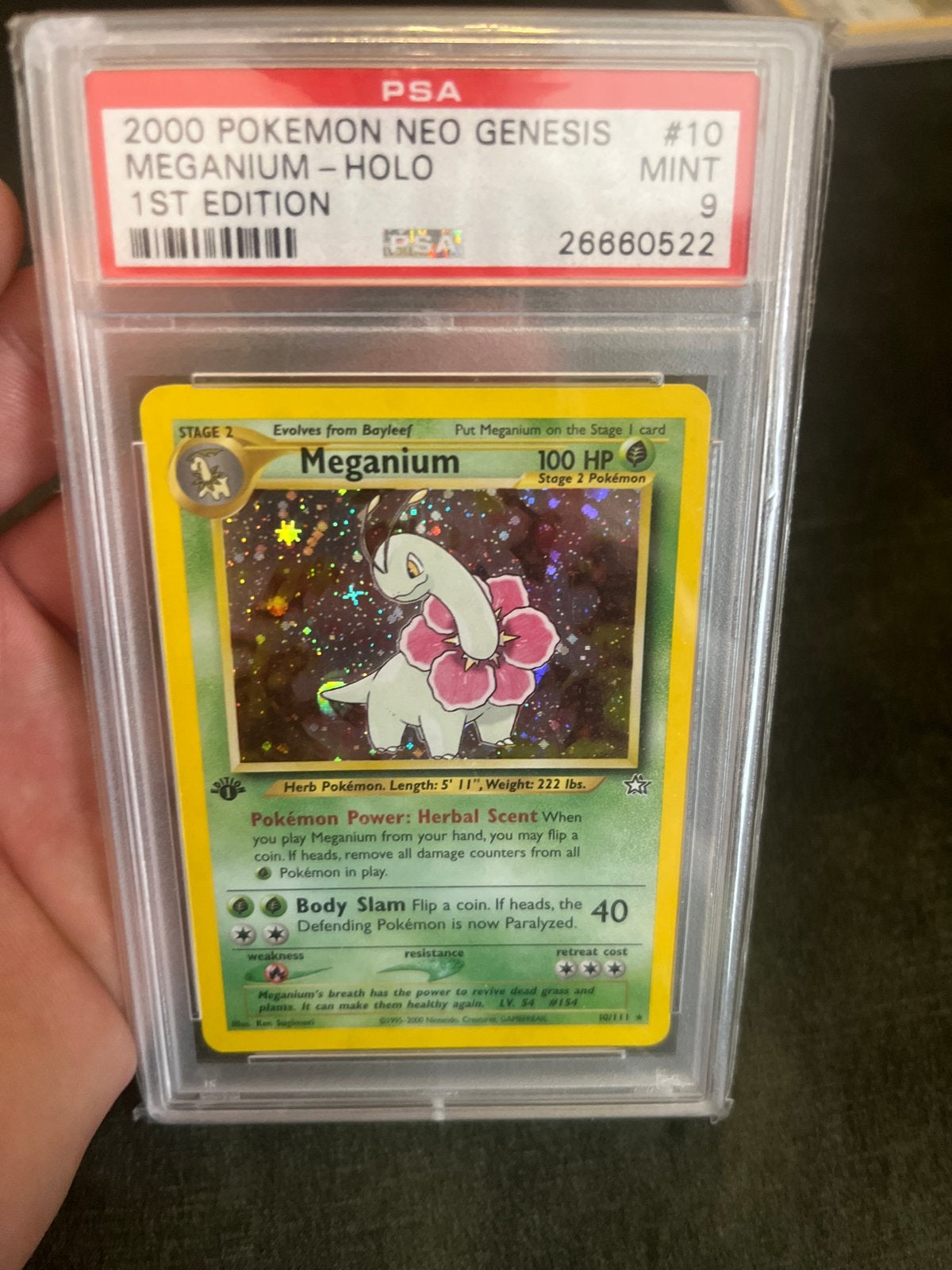 PSA 9 MINT 2000 Pokémon Neo Genesis Meganium Holo 1st Editio, Hobby en Vrije tijd, Verzamelkaartspellen | Pokémon, Ophalen, Zo goed als nieuw