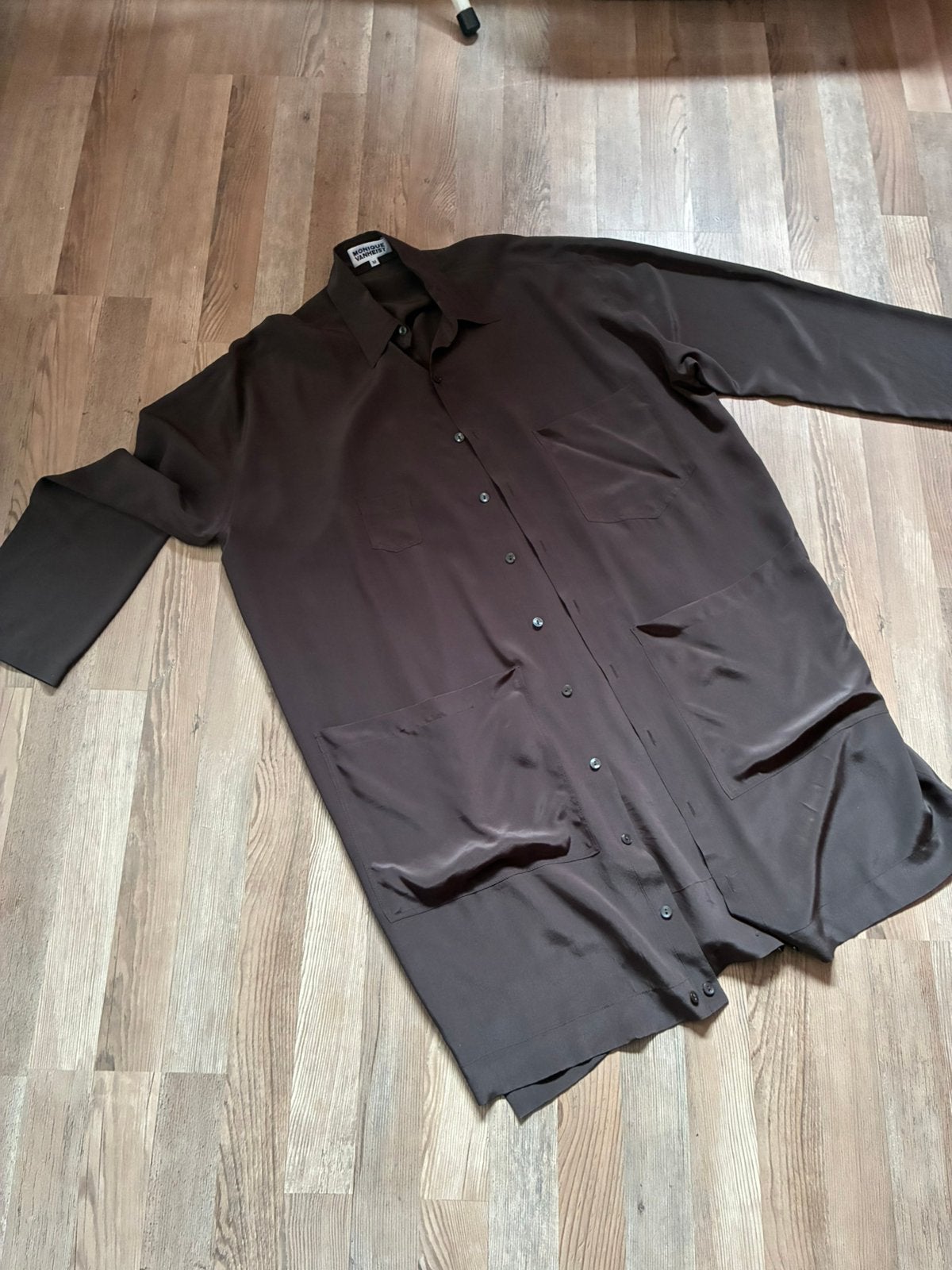 Chocolade bruine zijde lange blouse van Monique van Heist, Verzenden, Nieuw, Bruin