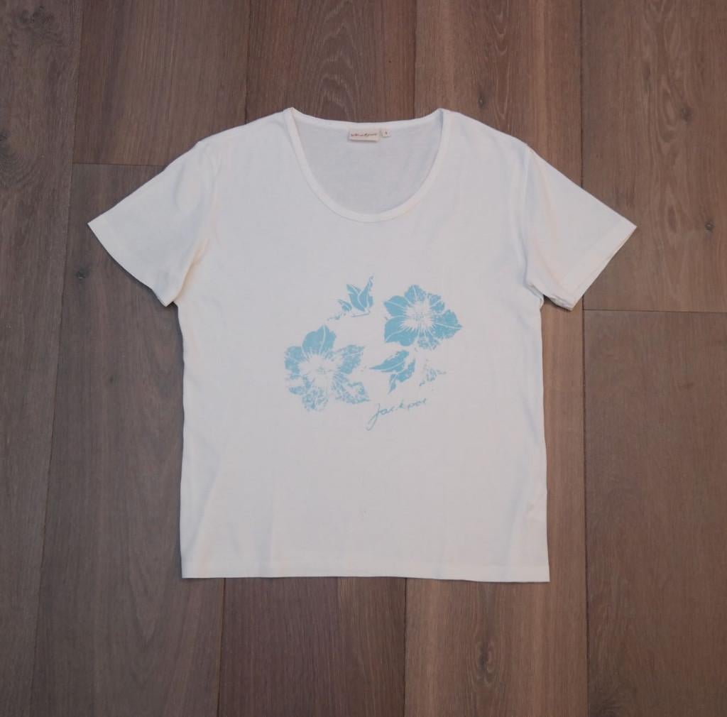 Stralend wit T-shirtje blauwe bloemenopdruk; Jackpot; Large, Wit, Maat 42/44 (L), Ophalen of Verzenden, Zo goed als nieuw