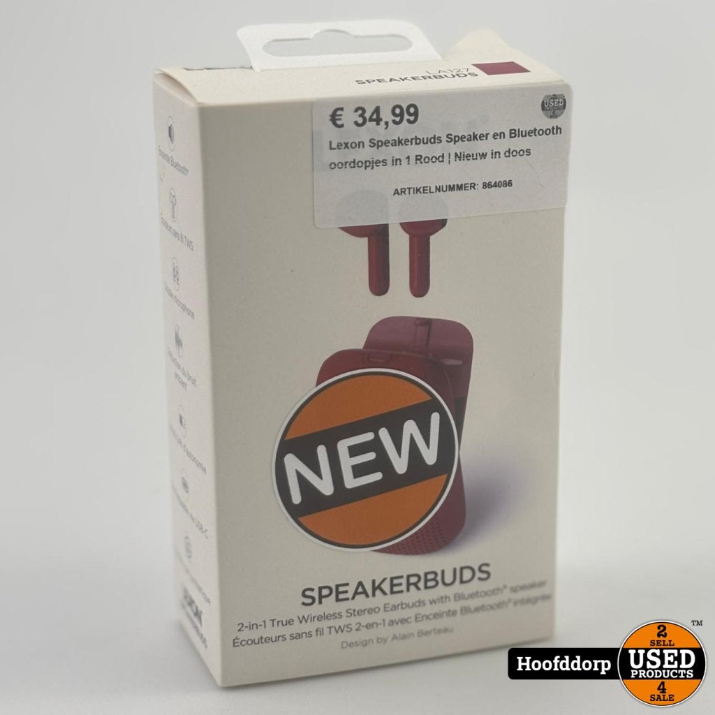 Lexon Speakerbuds Speaker en Bluetooth oordopjes in 1 Rood |, Lexon, Gebruikt, https://www.lexon-design.com/contact, Lexon Design, 125 rue de Turenne, 75003 Parijs, Frankrijk