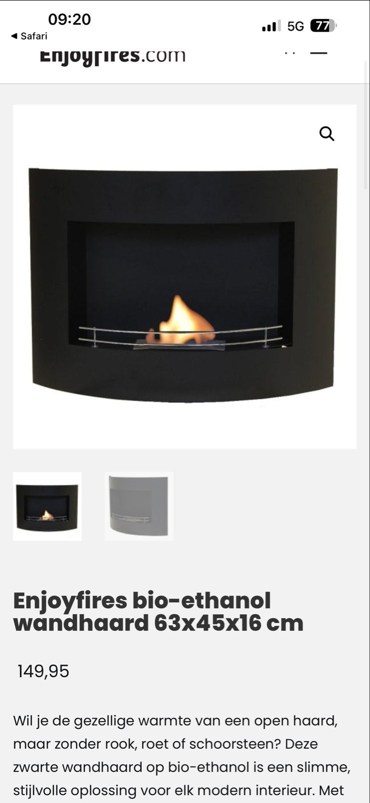 Enjoyfires bio-ethanol wandhaard 63x45x16 cm, Ophalen, Gebruikt, Hangende haard, Overige soorten