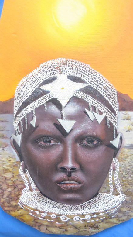 Afrikaanse vrouw op canvas, Schilderij, 44 cm, Ophalen of Verzenden, Zo goed als nieuw