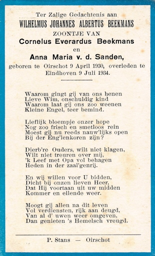Beekmans Wilhelmus  1930 Oirschot 1934 Eindhoven, Verzamelen, Bidprentjes en Rouwkaarten, Ophalen of Verzenden, Bidprentje