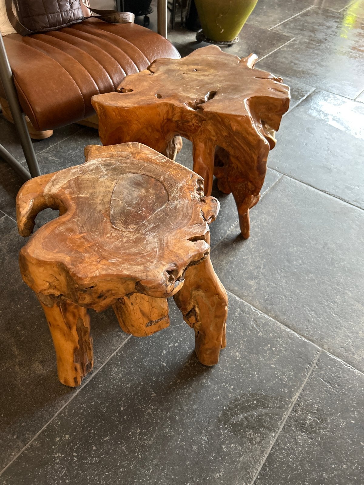 Set van 2 Teakhouten Bijzettafels - Rustiek & Uniek, Ophalen, Minder dan 45 cm, Minder dan 55 cm, Gebruikt