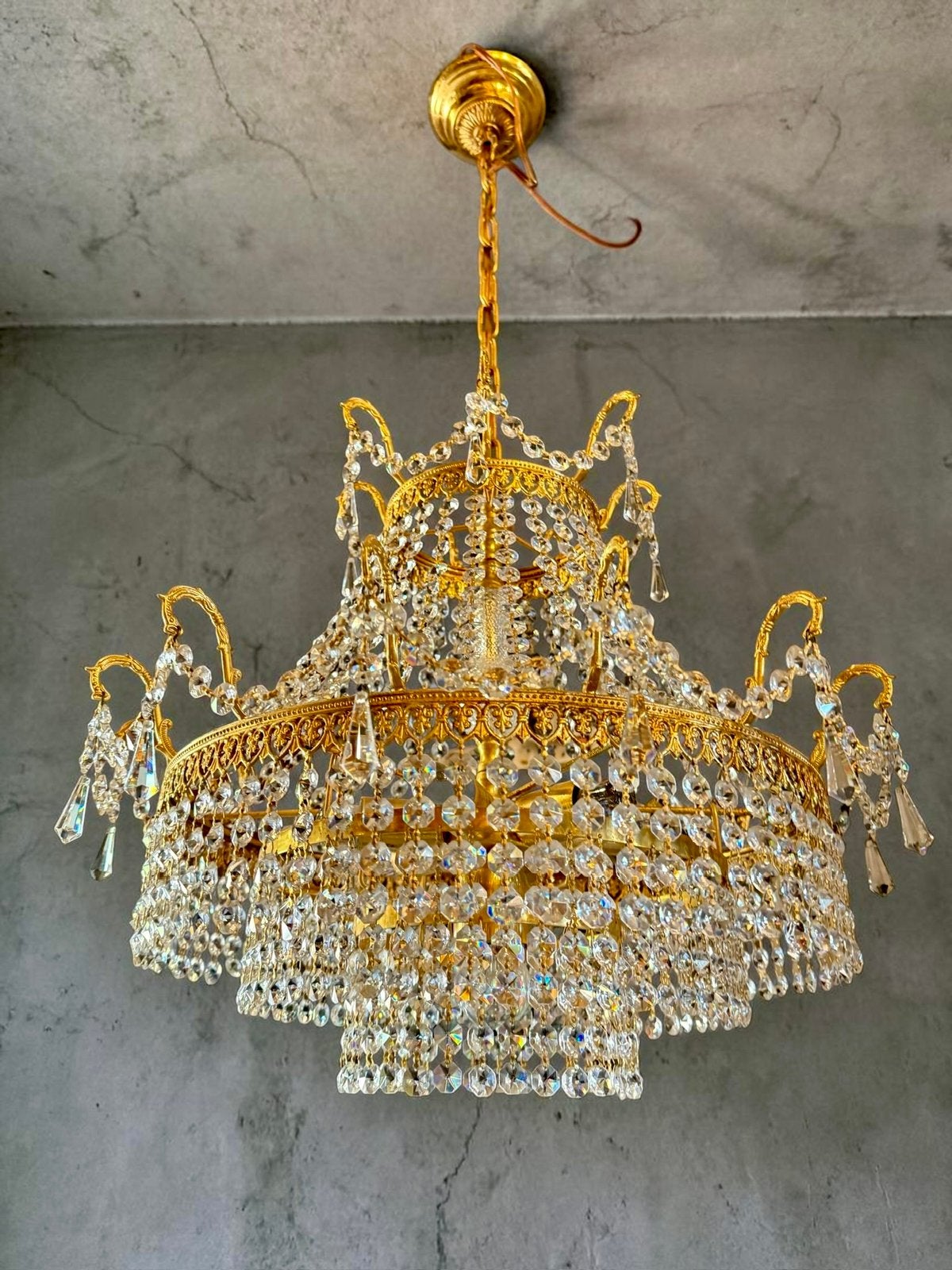 Antiek kristallen kroonluchter, Huis en Inrichting, Lampen | Kroonluchters, Ophalen of Verzenden, Zo goed als nieuw, Glas, Antiek design empire regency mid century art nouveau deco