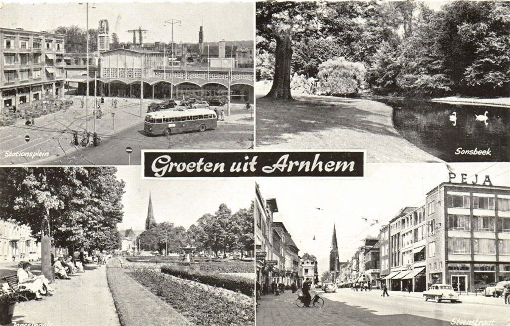 Groeten uit Arnhem - met 4 afb. o.a. Stationsplein, Steenstr, Ophalen of Verzenden, 1960 tot 1980, Gelopen, Gelderland