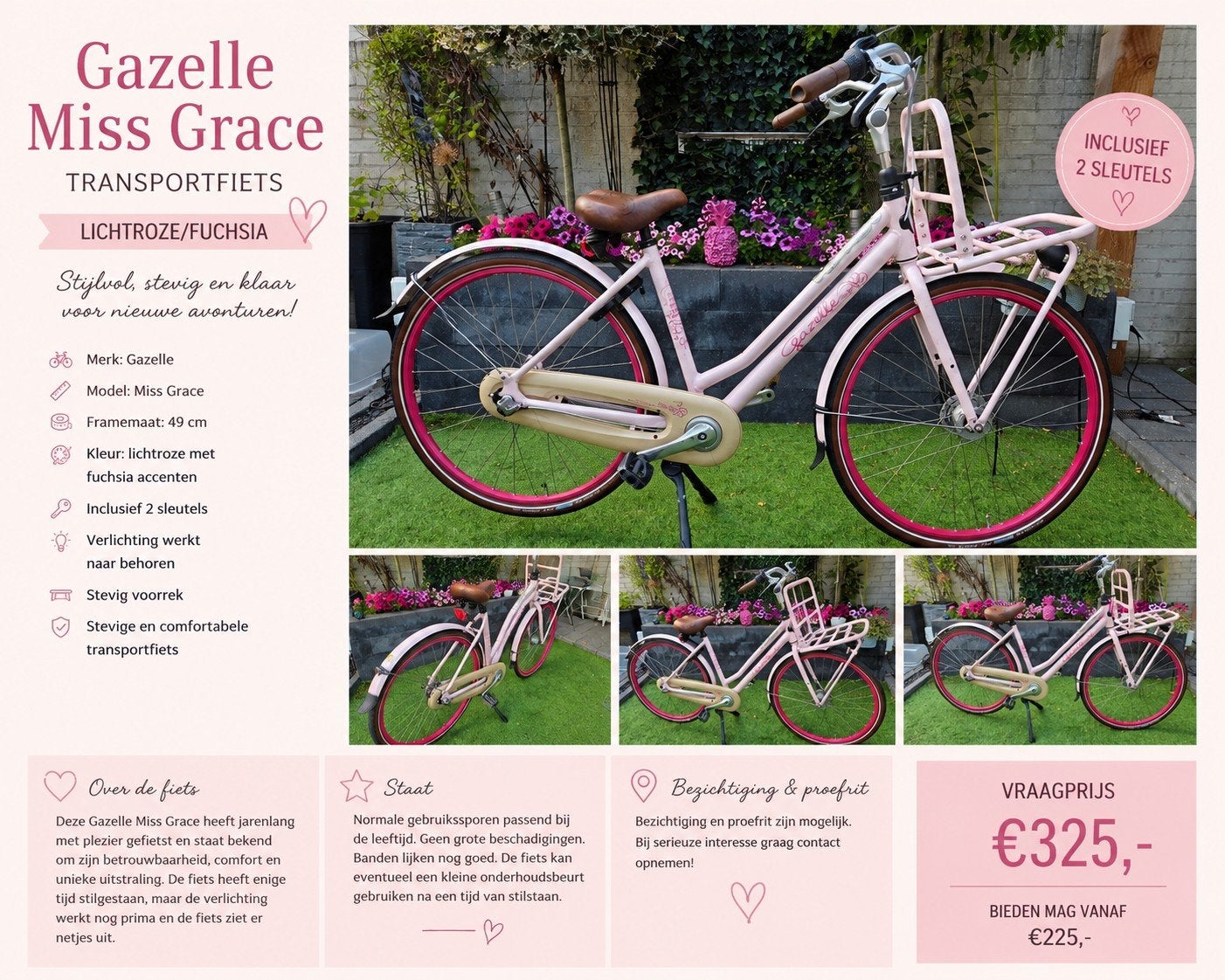 Gazelle Miss Grace fiets roze – framemaat 49 cm, Fietsen en Brommers, 47 tot 50 cm, Ophalen, Gebruikt, Gazelle