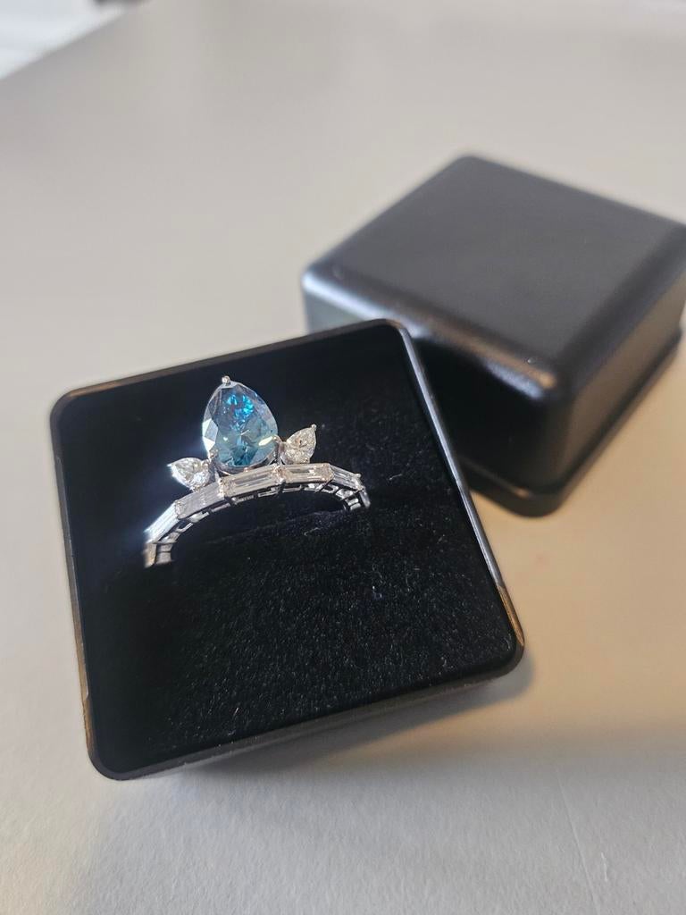 14K Witgouden Ring,2.31ct Diamant,Fancy Vivid Blue-LabGrown, Sieraden, Tassen en Uiterlijk, Ringen, Verzenden, Nieuw, Kleiner dan 17