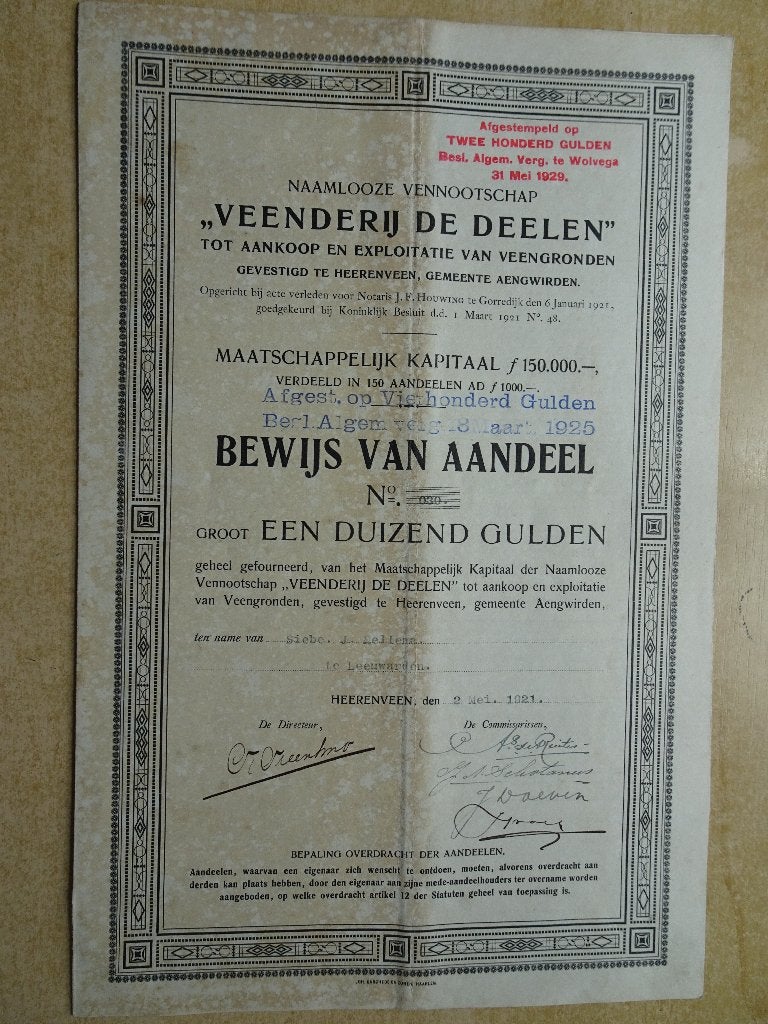 Aandeel "Veenderij de Deelen" Heerenveen 1921 met coupons, Ophalen of Verzenden, 1920 tot 1950, Aandeel