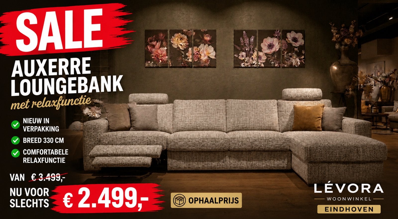 UrbanSofa Auxerre Loungebank - Nieuw met relaxfunctie, Ophalen, 100 tot 125 cm, Hoekbank, Stof