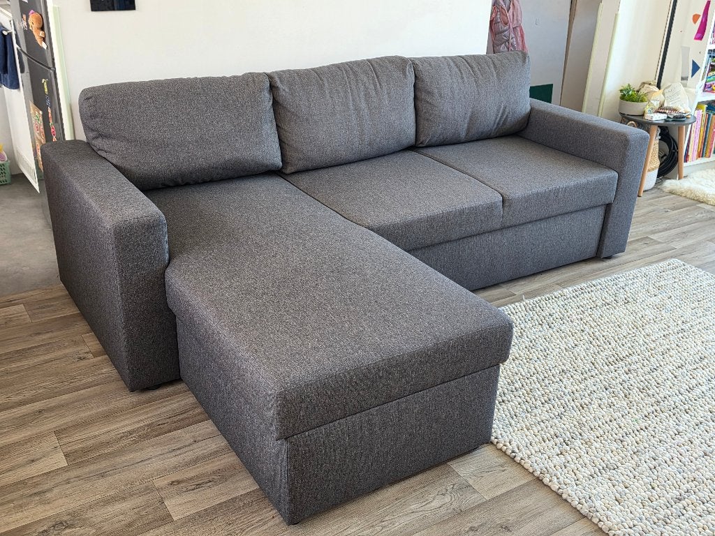 Slaapbank chaise longue MARSLEV donkergrijze stof, Ophalen, Driepersoons, 75 tot 100 cm, Zo goed als nieuw