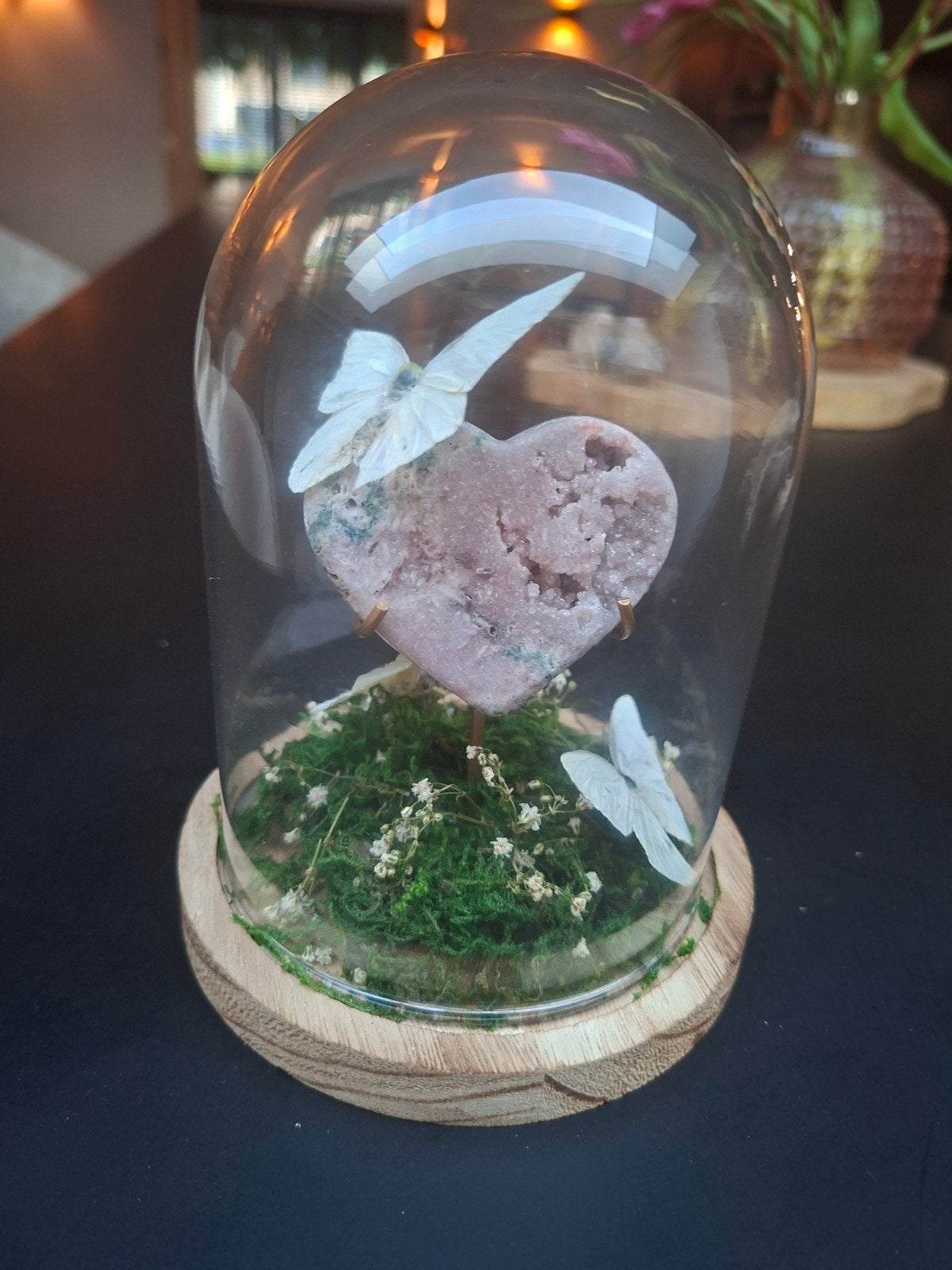 Glazen stolp met roze amethist hart en vlinders, Ophalen, Nieuw, Glas