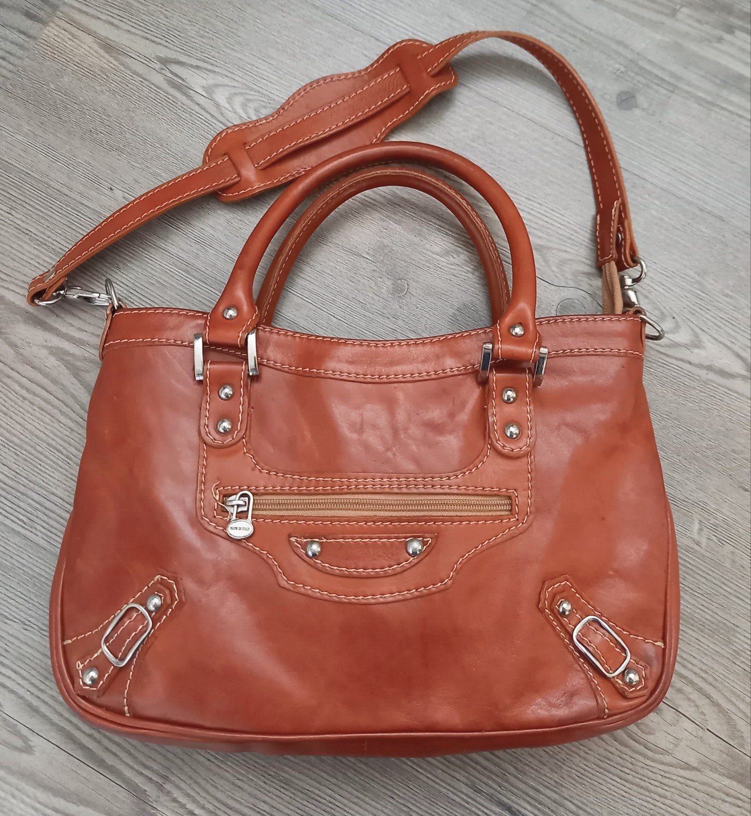 Vintage Italiaans leren hand/schoudertas IZGS, Sieraden, Tassen en Uiterlijk, Tassen | Damestassen, Verzenden, Gebruikt, Bruin