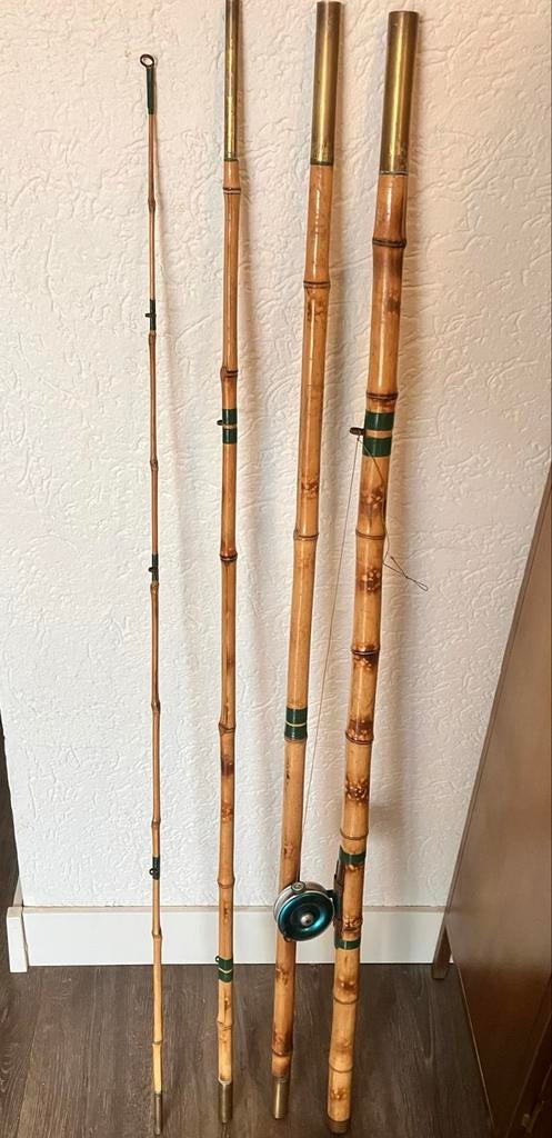 Vintage Gelakte Bamboe Werphengel met Peerless Reel, Ophalen, Gebruikt, Werphengel